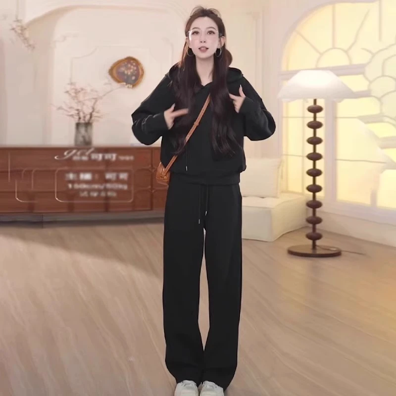 网红同款休闲时尚套装女秋新款洋气减龄连帽显瘦卫衣阔腿裤两件套