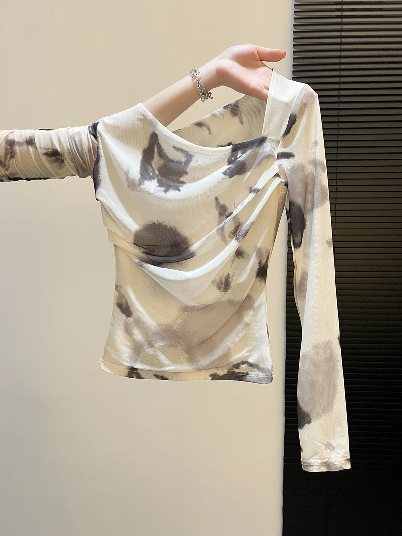 时尚新款清凉感防晒衫斜领T恤女名媛御姐风扎染别致长袖网纱上衣