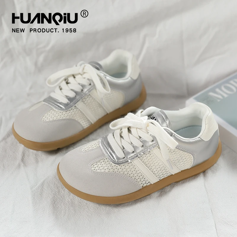 HUANQIU/环球网面透气德训鞋女2025新款春夏舒适软底圆头时尚板鞋