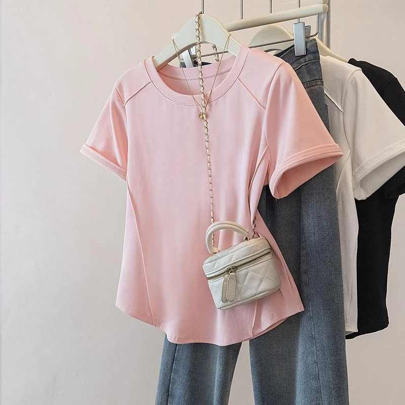不规则弧形选显瘦短袖T恤女纯棉夏季百搭洋气减龄鱼骨正肩上衣潮