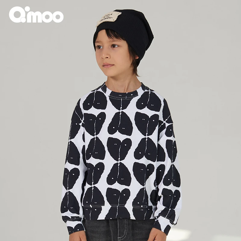 Qimoo/淇木25春男女童撞色印花中性甜酷长袖T恤套头衫QSS1TC235B