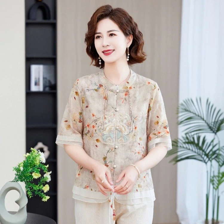 锦斓妈妈装夏装洋气五分袖气质开衫上衣新中式中老年女装国风套装