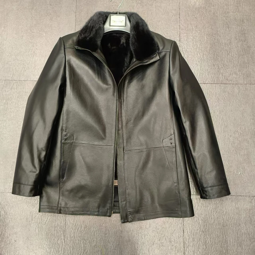 真皮头层山羊皮水貂毛领中长款 内胆水貂