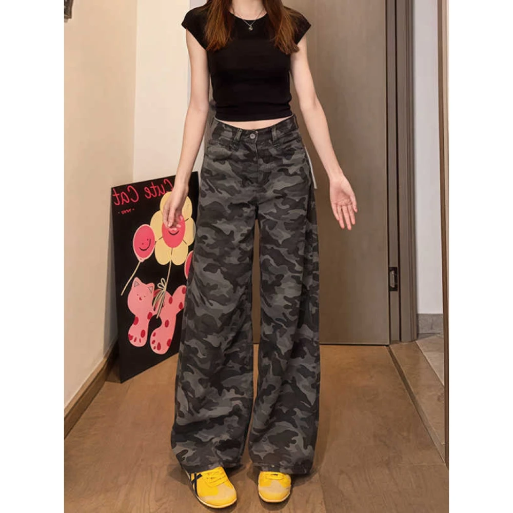 复古美式设计感迷彩工装裤女2025春夏新款显瘦高街阔腿宽松直筒裤