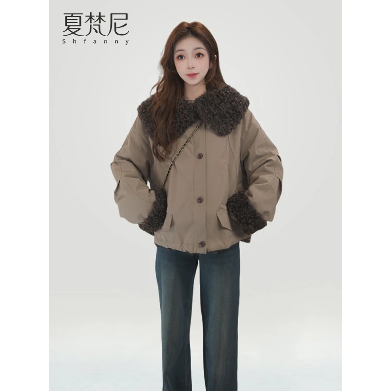 夏梵尼岩灰雾绒2025年冬季新款韩版皮毛一体加厚爆款大翻领外套