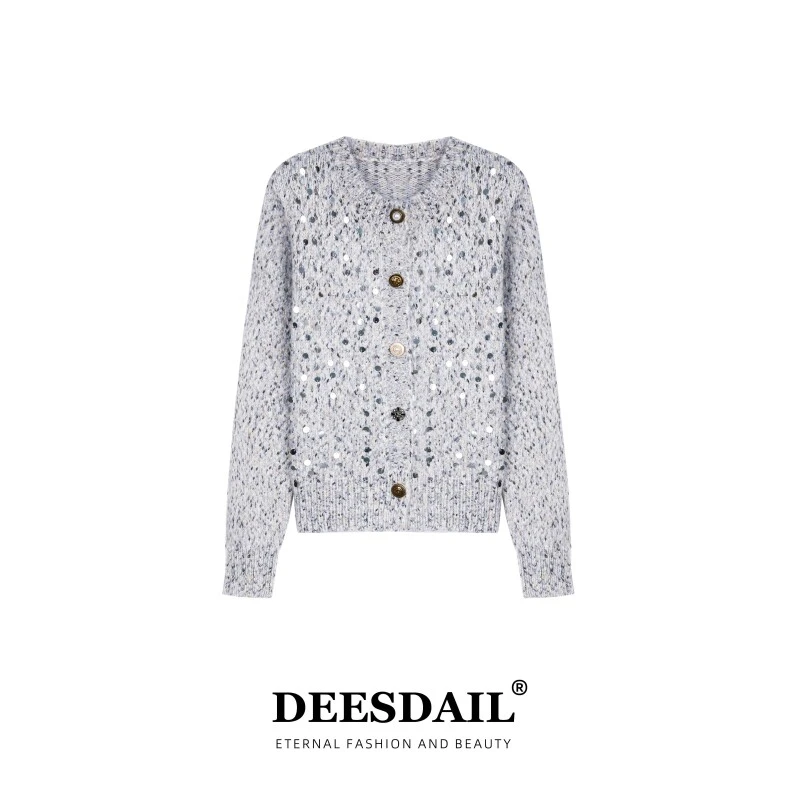 DEESDAIL冬季长袖亮片纽扣毛衣百搭显瘦宽松针织衫女A349