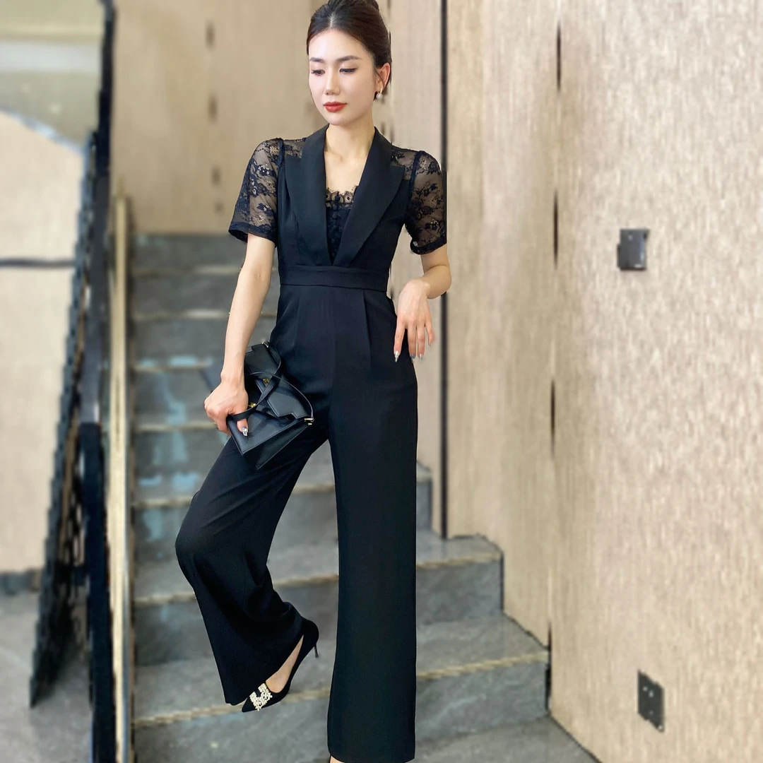 【JY】御姐连体衣裤女2025年夏季新款时尚休闲显瘦蕾丝拼接连体裤