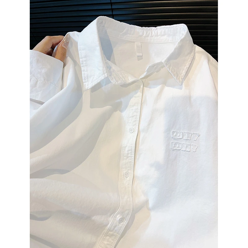 白色长袖衬衫女2025春秋新款韩版贴布字母设计感小众休闲百搭外套