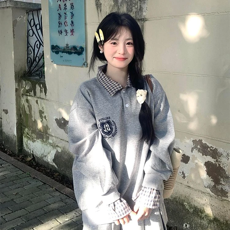 美式复古长袖休闲Polo女百搭秋冬新款潮牌宽松慵懒风爆款卫衣上衣