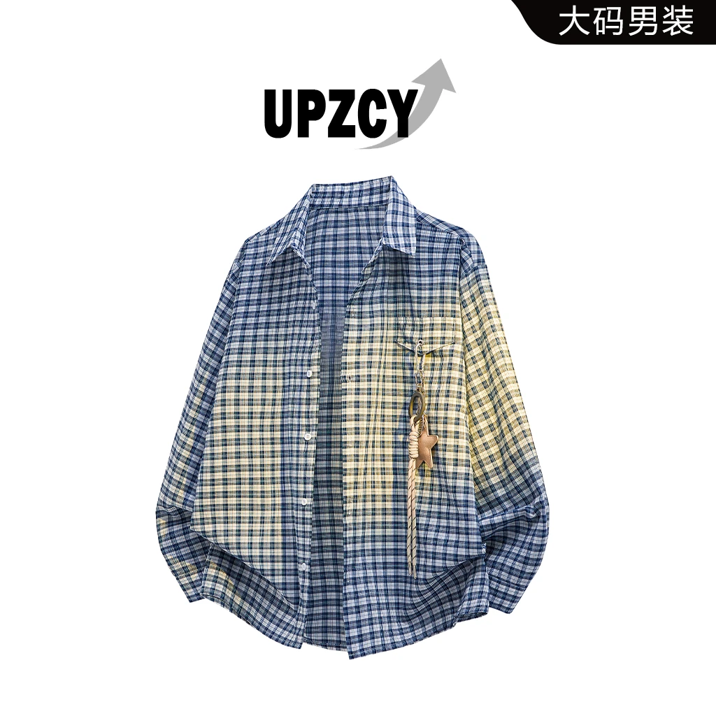 UPZCY美式大码格纹衬衫男春秋挂饰设计感韩系高级感翻领上衣外套