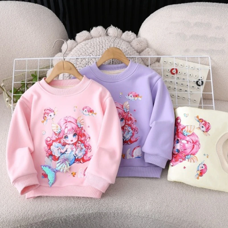 女童洋气卡通美人鱼加绒卫衣秋冬装儿童半高领一体绒加厚保暖上衣