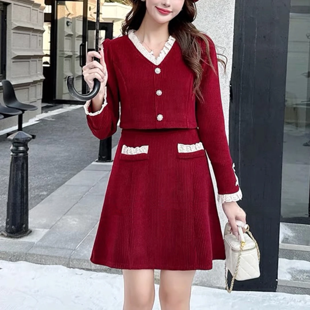 赫本小香风洋气过年红色小礼服气质名媛秋冬收腰显瘦两件套裙子女