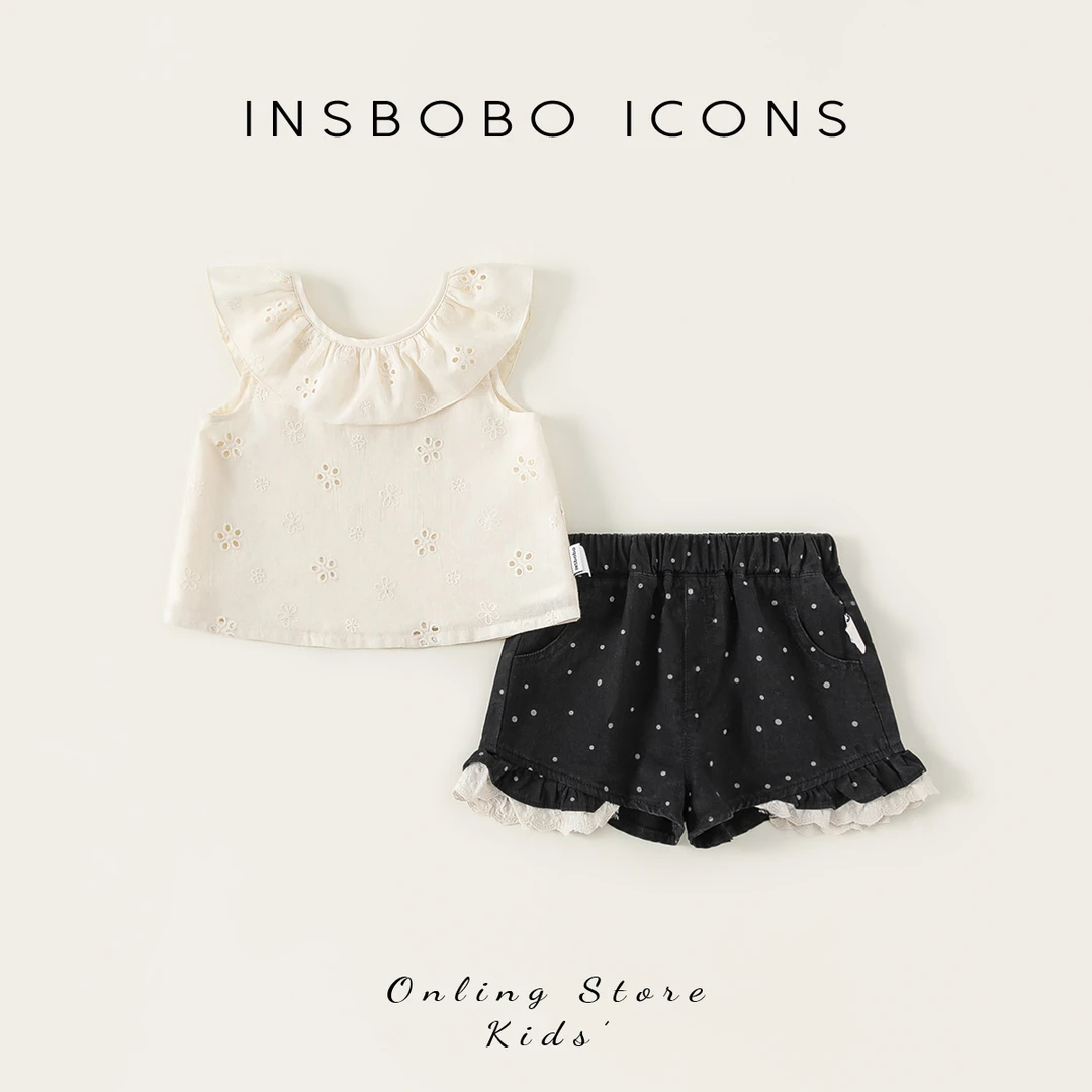 XT25429【夏】儿童套装（可爱绣花无袖上衣+牛筋腰蕾丝花边休闲短裤）