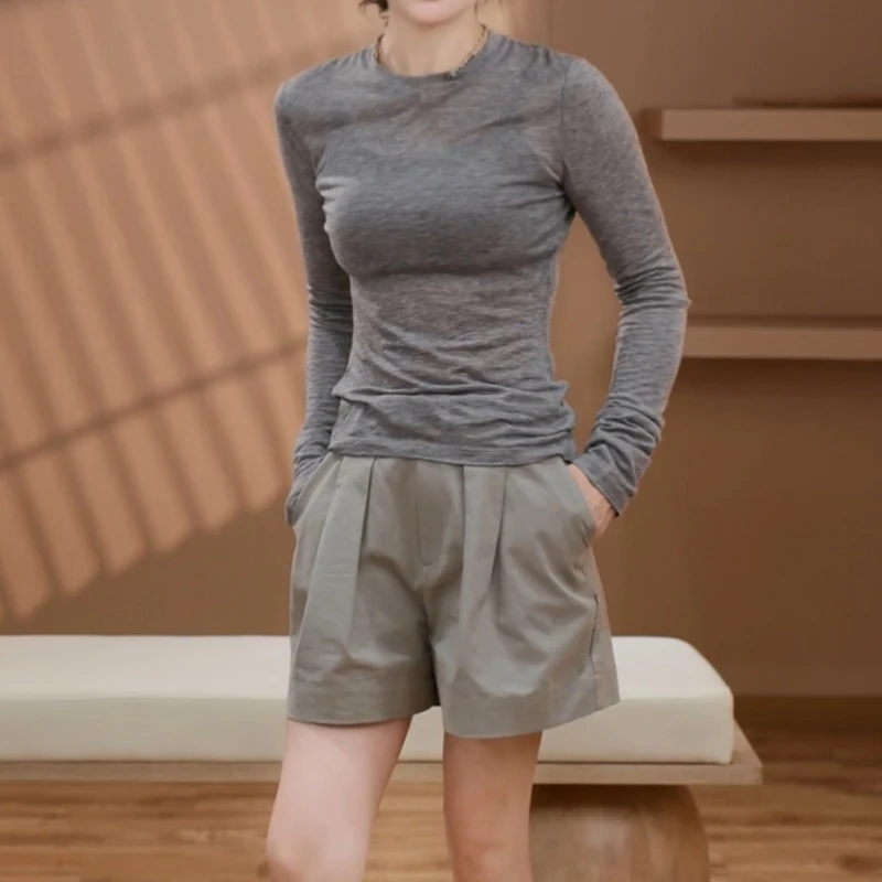夏季纯色简约长袖打底T恤+花苞腰百搭短裤LK2504068