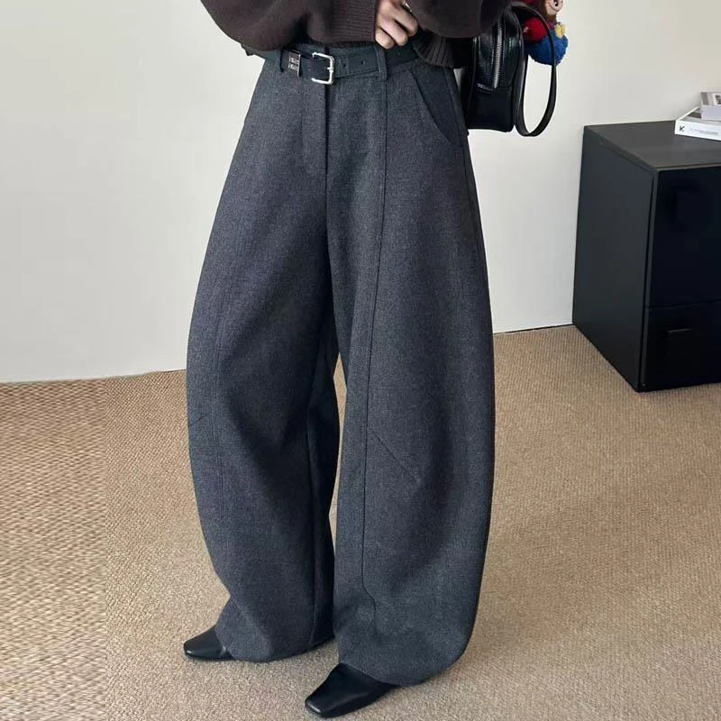 GMS灰色直筒毛呢西装阔腿裤女秋冬2025新款时尚高腰休闲呢子西裤