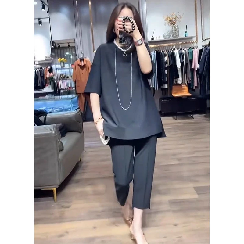 2025夏季新款韩系百搭宽松中长款纯色上衣时尚高腰休闲裤两件套潮