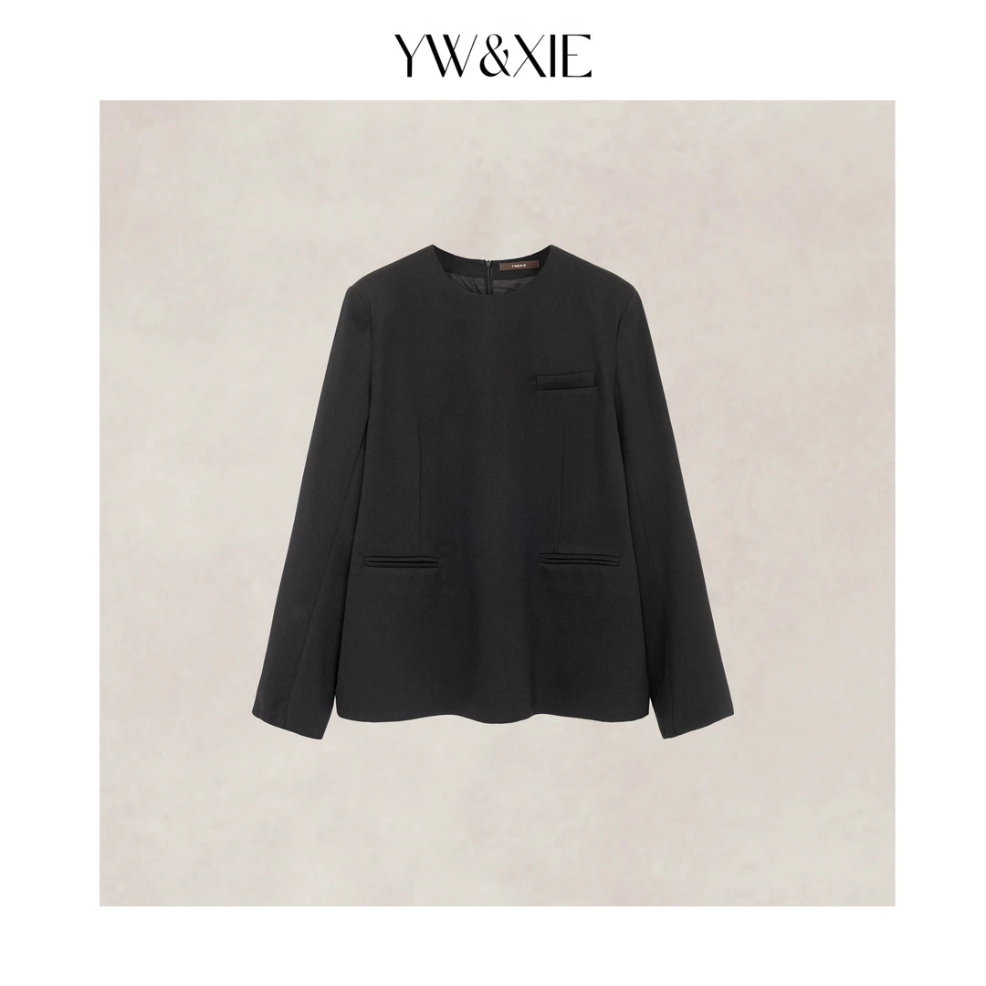 YW&XIE《独秀》<7256>2025春秋新品宽松慵懒风黑色外套立领休闲女