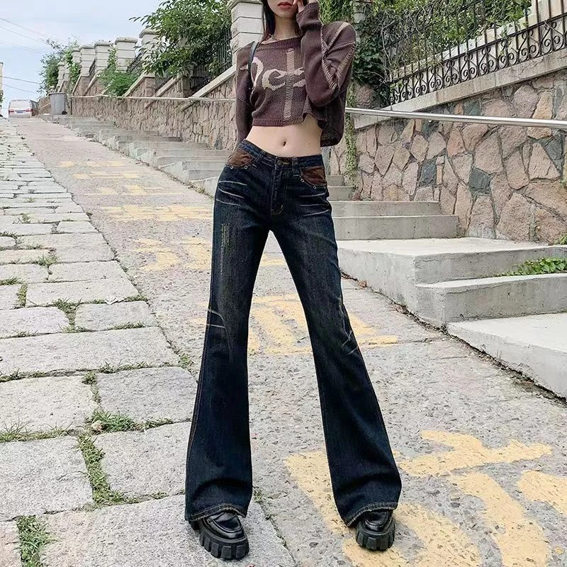 复古低腰喇叭牛仔裤小个子辣妹设计美式新款撞色拖地显瘦修身长裤