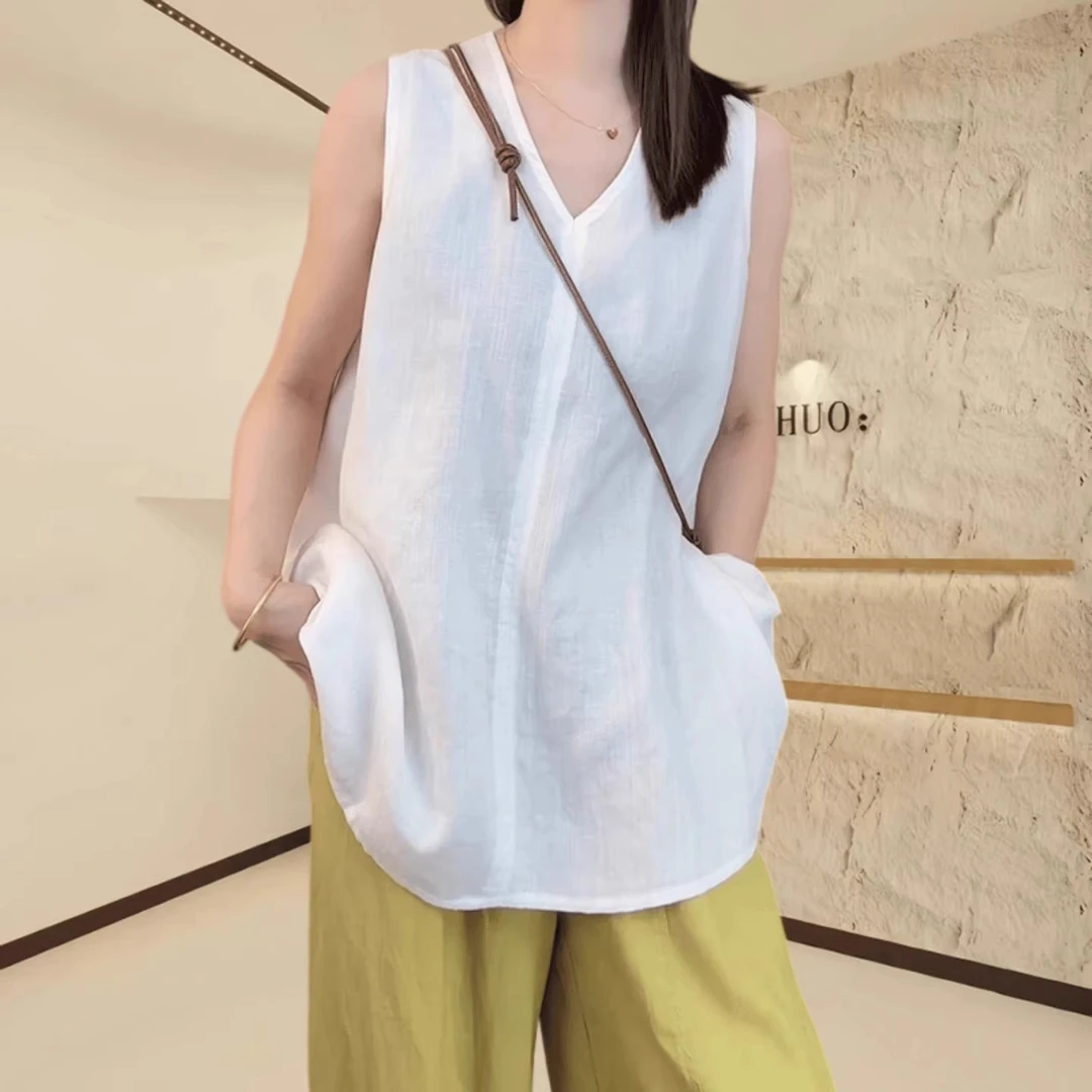 法式高级感气质V领无袖衬衫夏季薄款胖MM大码女装藏青色背心上衣