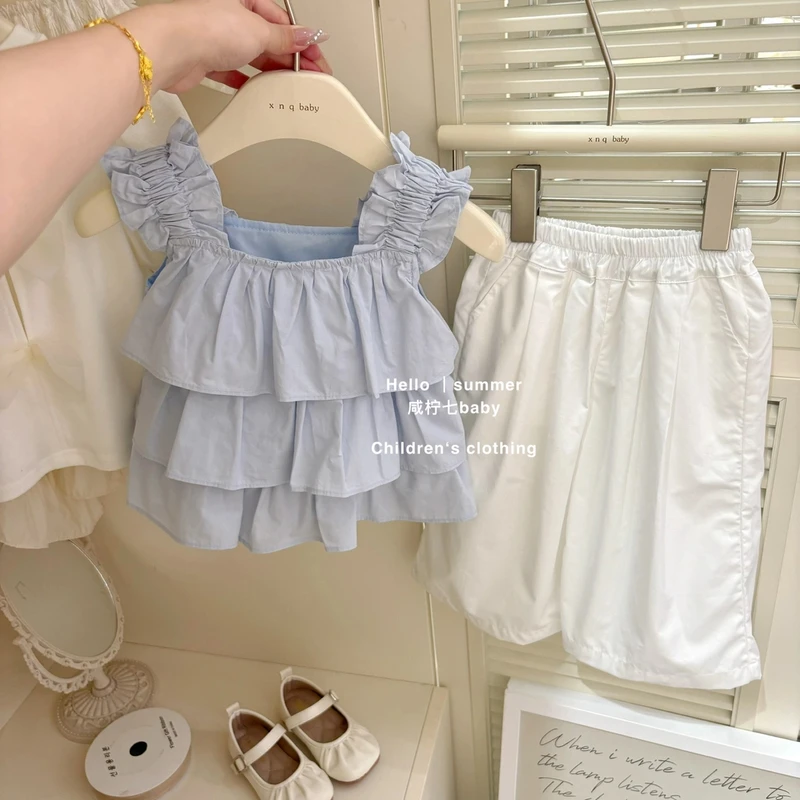 女童夏季套装法式甜美洋气娃娃衫儿童纯色背心吊带阔腿裤两件套