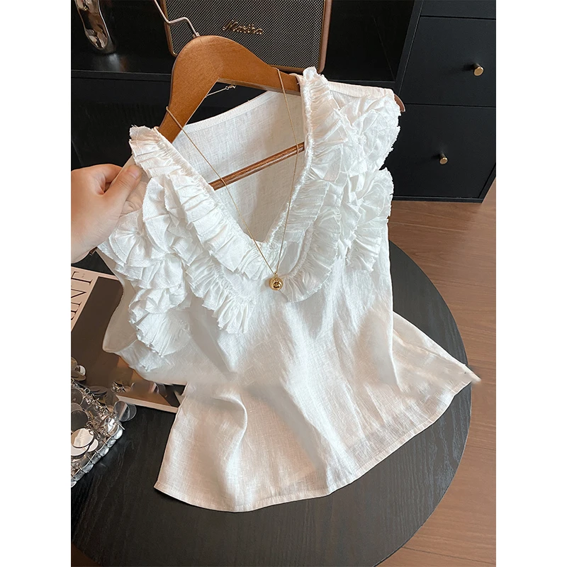 白色褶皱木耳边V领无袖显瘦背心女2025夏季新款绝美百搭减龄上衣