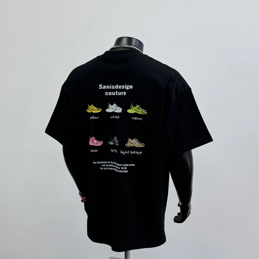 2025年夏季新款美式潮牌T恤鞋子字母印花休闲短袖上衣男黑色T1391