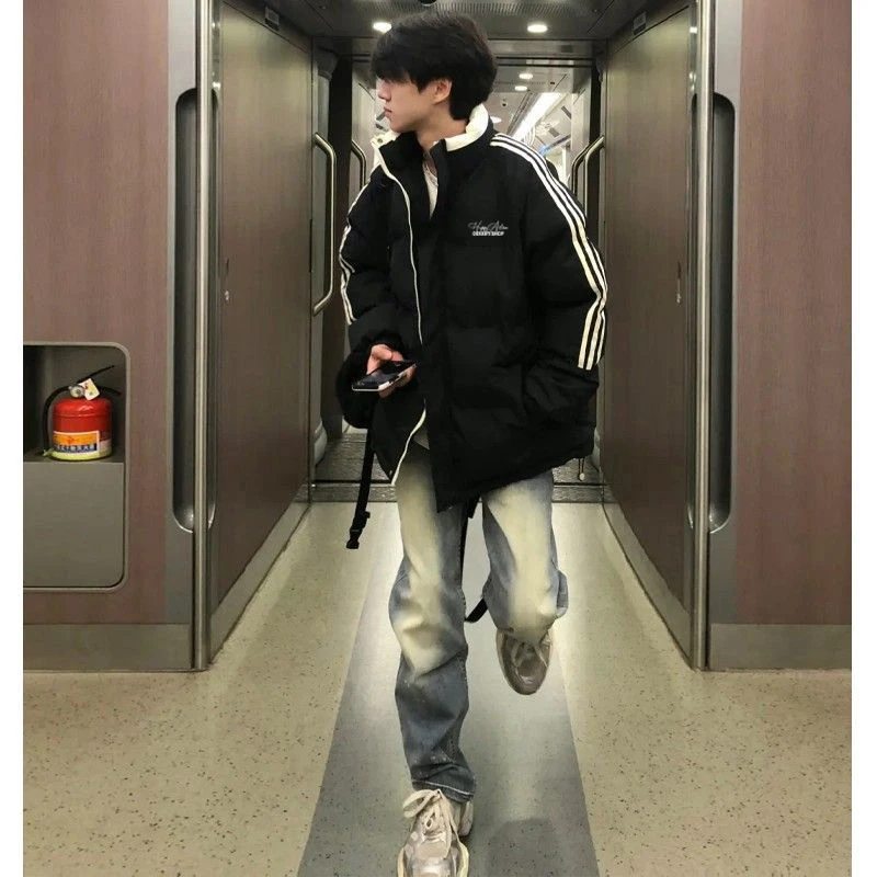 美式简约小众字母印花立领棉服男冬季潮牌百搭休闲三条杠棉衣外套