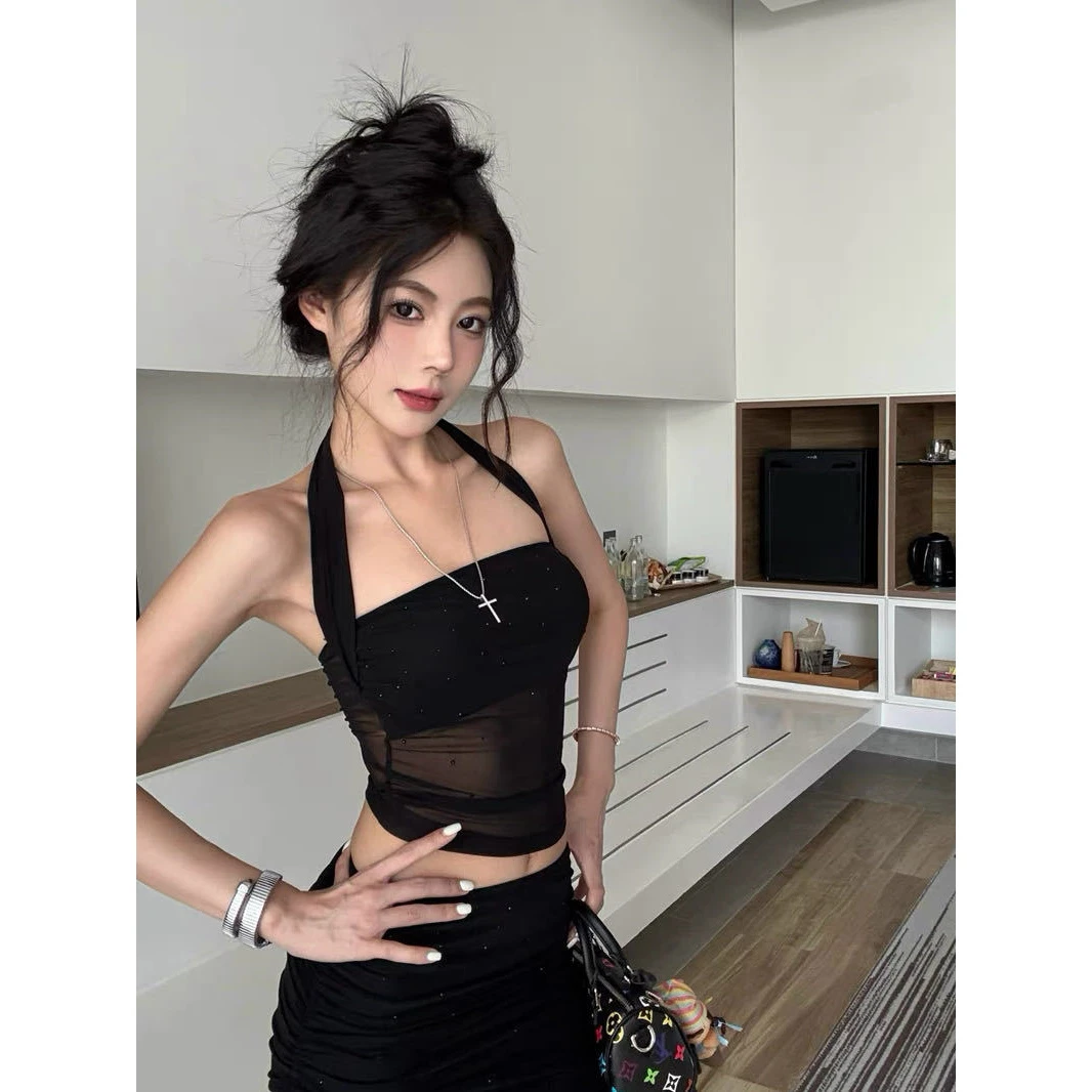 性感辣妹风网纱烫钻小众设计感挂脖吊带夏季新款修身显瘦背心