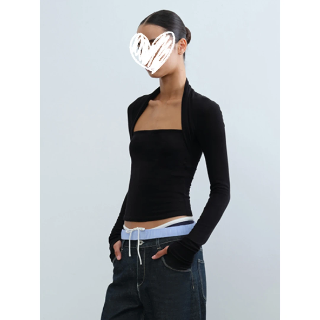 H902 欧美小众纯欲性感辣妹假两件拼接显瘦气质包肩长袖T恤