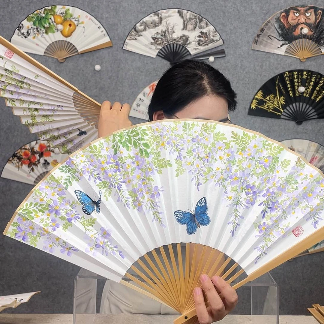 国画95寸水磨玉竹纯手绘-文玩扇骨（默认粘好）
