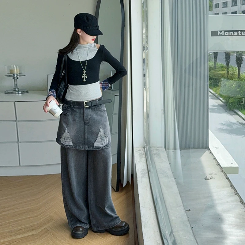 【嘻嘻柚】女童春秋款中大童2025新款港风破洞叠穿牛仔裤套装洋气秋