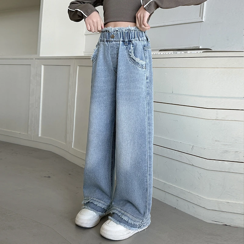 女童双层毛边直筒阔腿裤2025春季新款中大童牛仔裤百搭宽松休闲裤