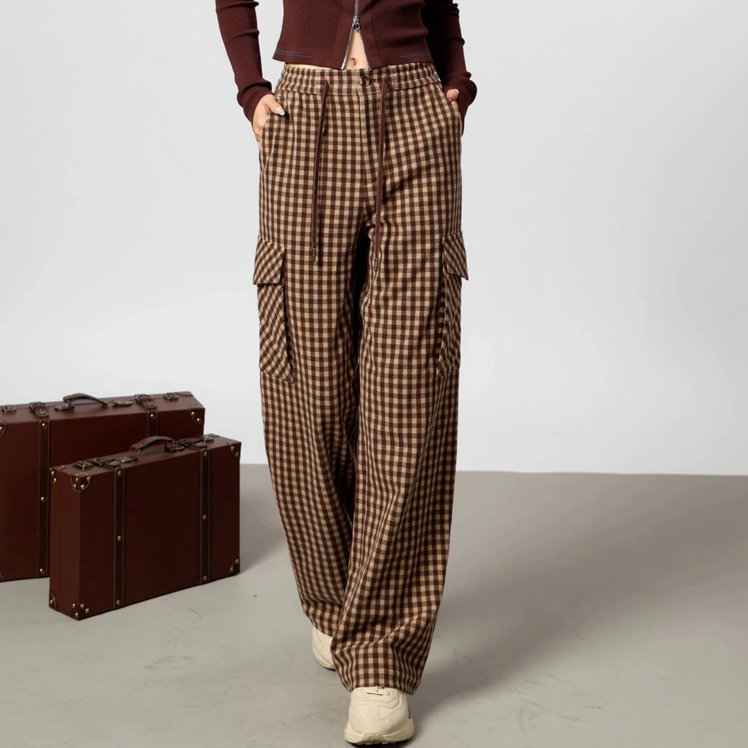 哥弟品质女装新款时尚经典复古格纹磨毛保暖直筒工装裤女1100486