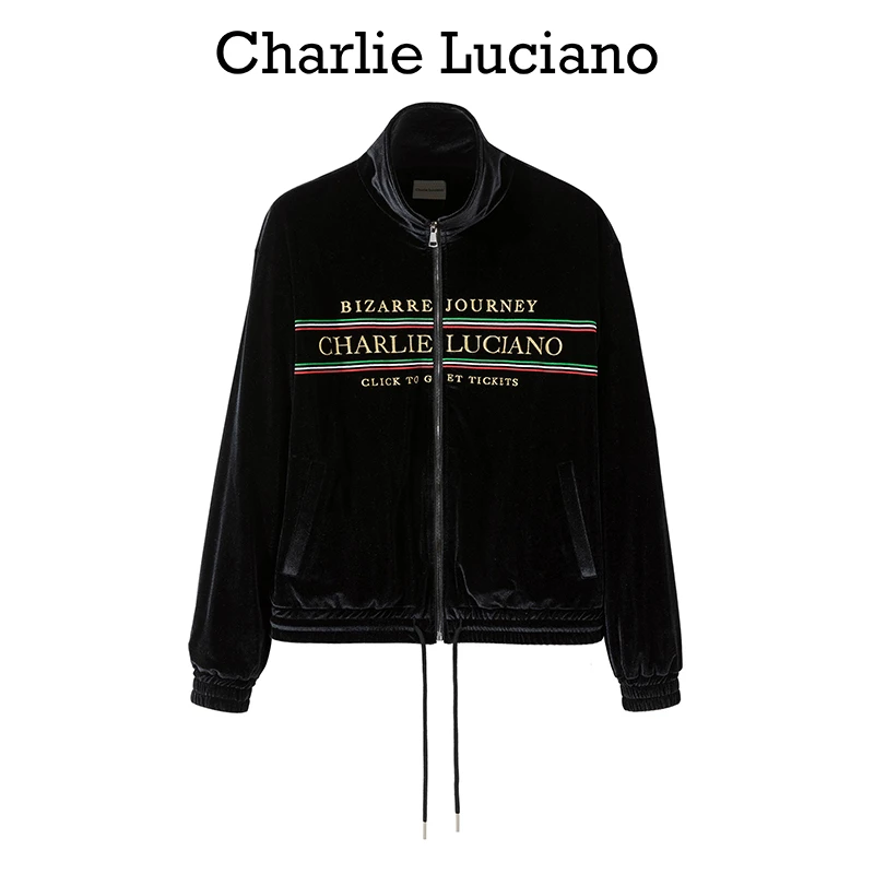 Charlie Luciano刺绣条纹标识运动夹克2025春秋新款丝绒外套男女