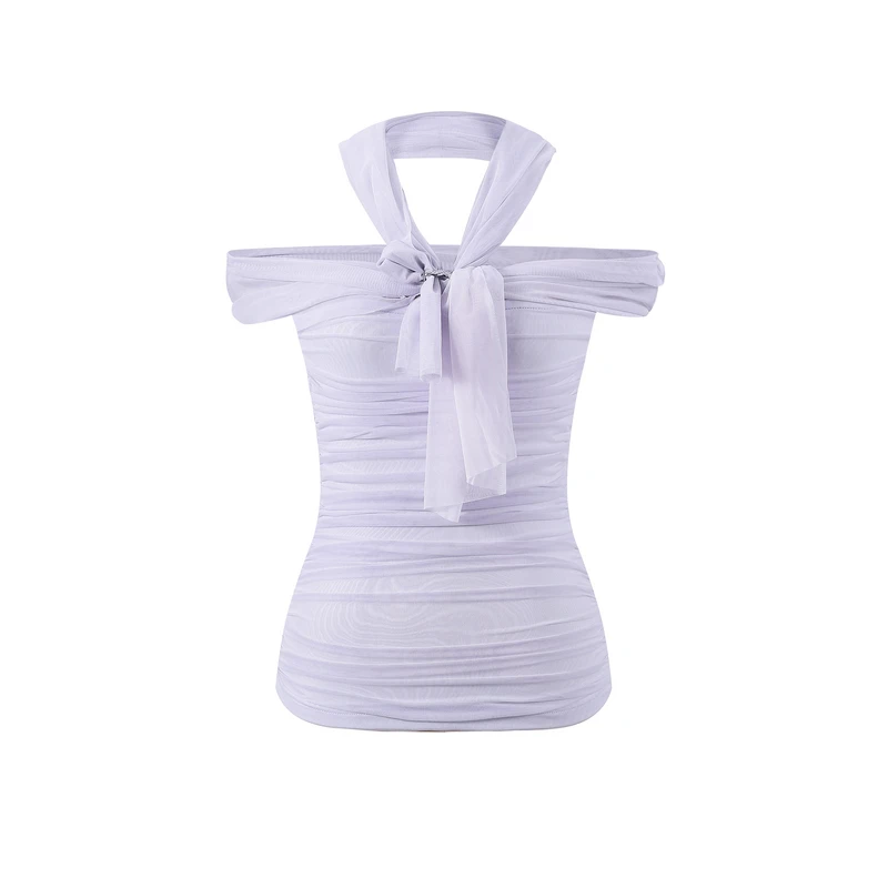 【品牌专属】ThreeQuarters紫色网纱打底可脱卸挂脖一字肩上衣2048