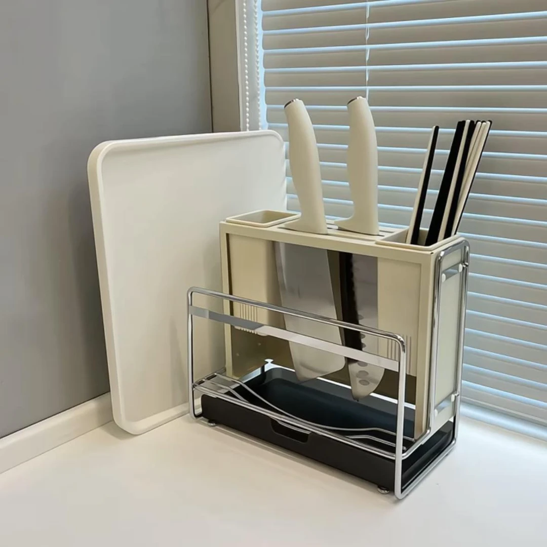 奶油风刀架置物架家用刀具筷子笼架带沥水多功能砧板刀筷收纳架