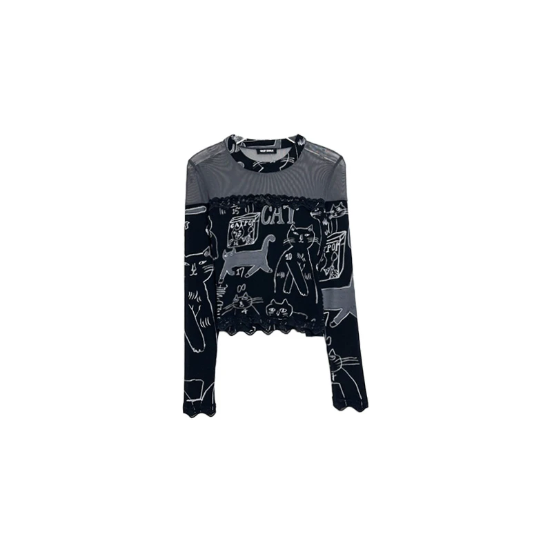 南油小众设计师新品黑猫拼接网纱长袖T恤