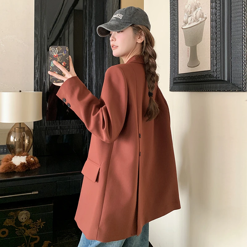 砖红色西装外套女春秋2025新款休闲西服上衣小个子韩系流行设计感