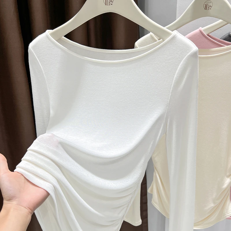 秋季一字领纯欲性感针织长袖T恤2025新款腰身褶皱设计感上衣内搭