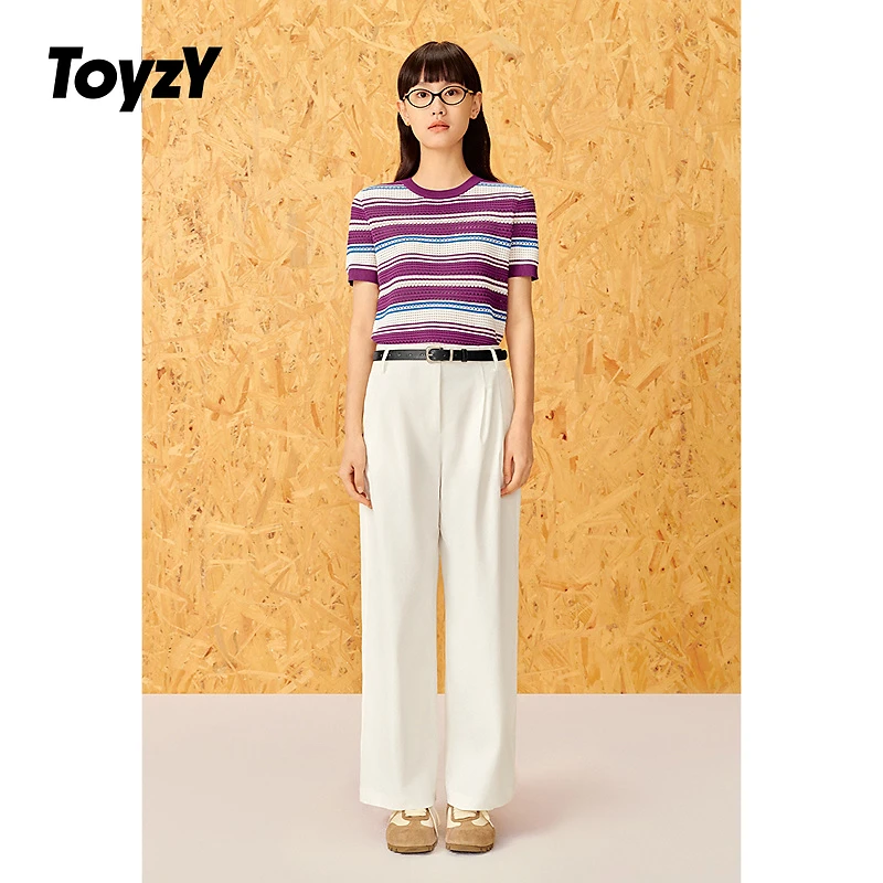 ToyzY25夏新款挑孔镂空间色条纹圆领短袖针织衫女ZC35206020