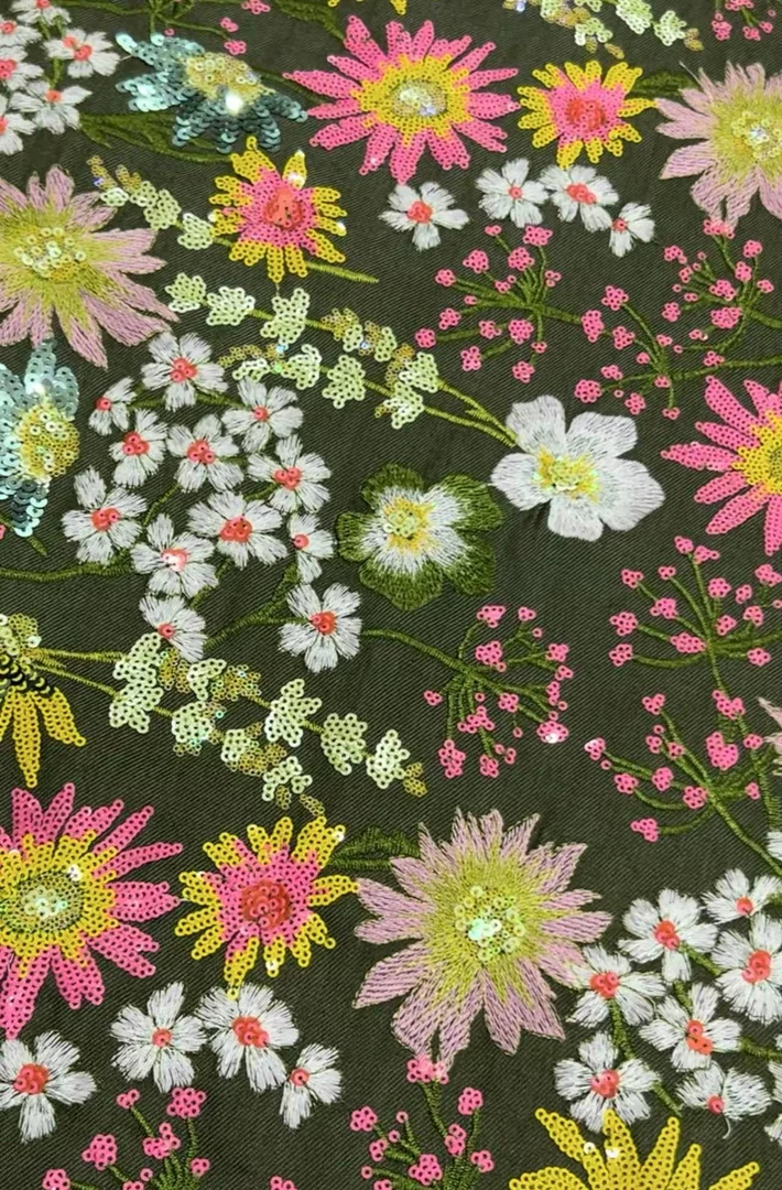 A3 绿色刺绣珠片国风牛仔148cm门幅找对应的编号和米数拍DIY面料