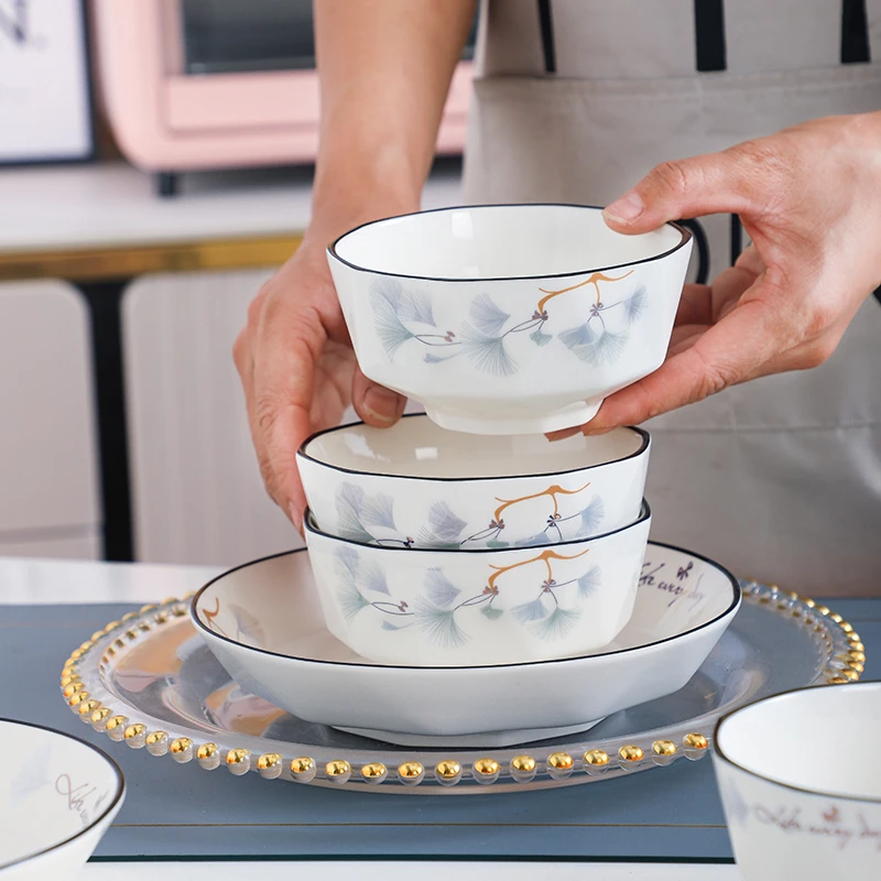 银杏叶6英寸面碗4只家用网红陶瓷创意米饭碗