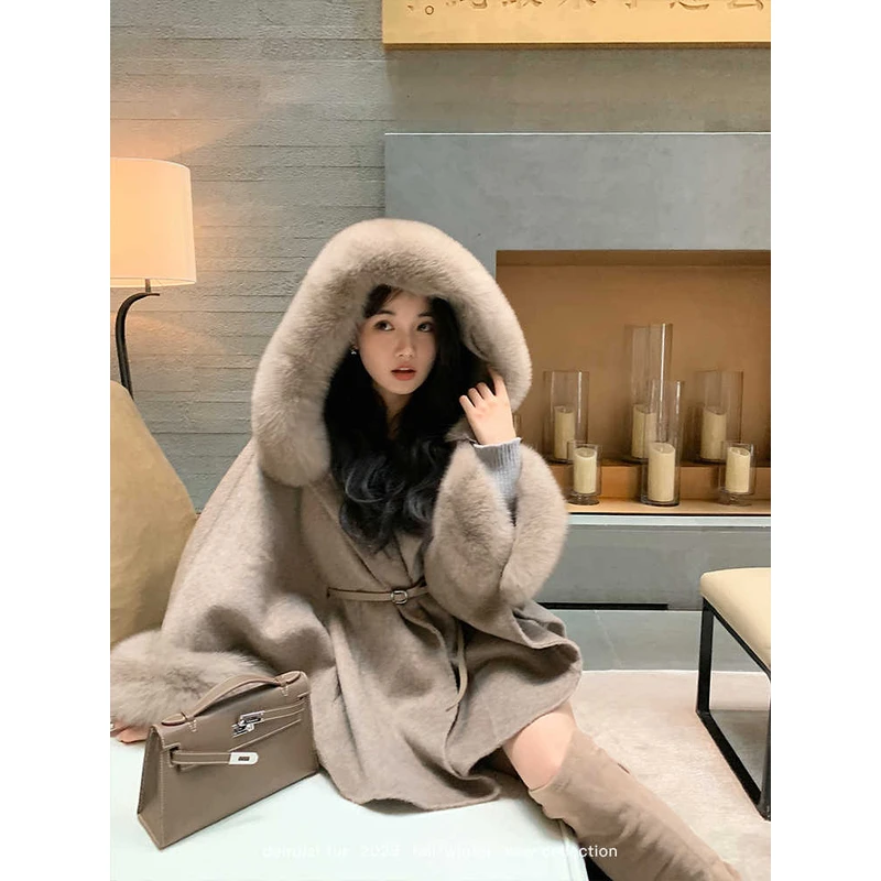 陳柒柒定制【富家小女】高级感连帽狐狸毛领斗篷双面羊毛大衣