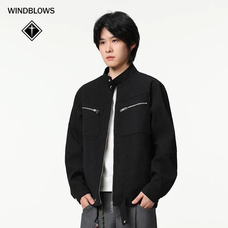 WIND BLOWS美式立领时尚拼接PU皮夹克多口袋设计抗皱外套