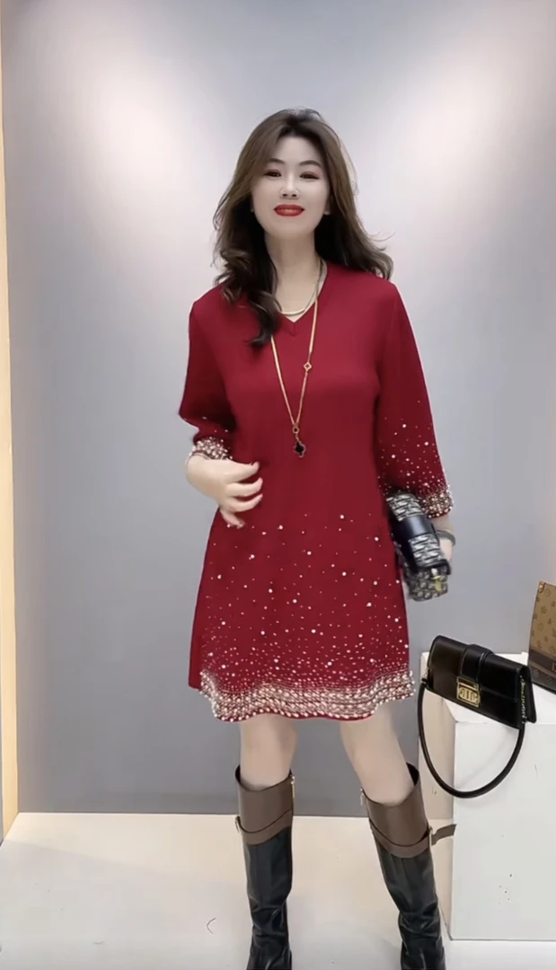 新款时尚气质亮钻满天星中长款连衣裙