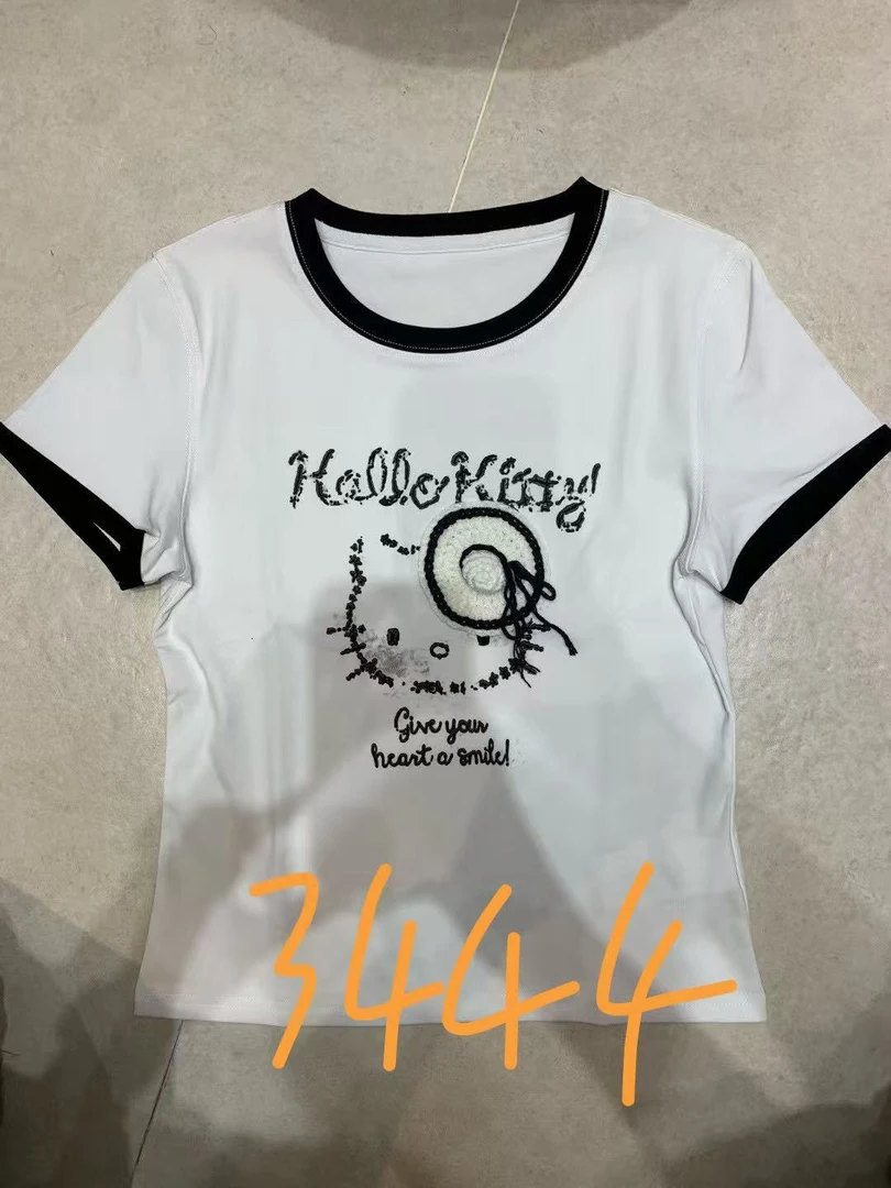 深圳南油高货yi短袖奶茶系kt印花T恤运动女款白色百搭