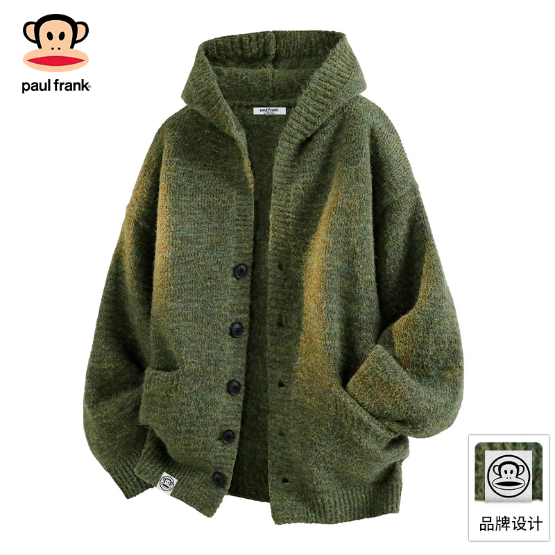PaulFrank/大嘴猴连帽针织开衫男秋季宽松慵懒风情侣复古保暖毛衣