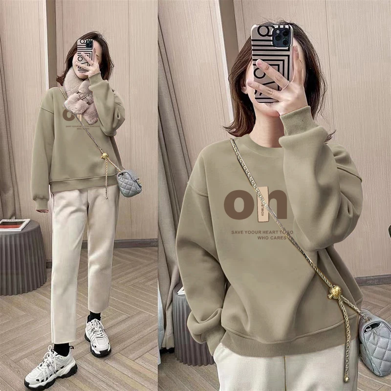 圆领套头打底衫加绒加厚卫衣女2025秋冬新款宽松韩版外套春秋薄款