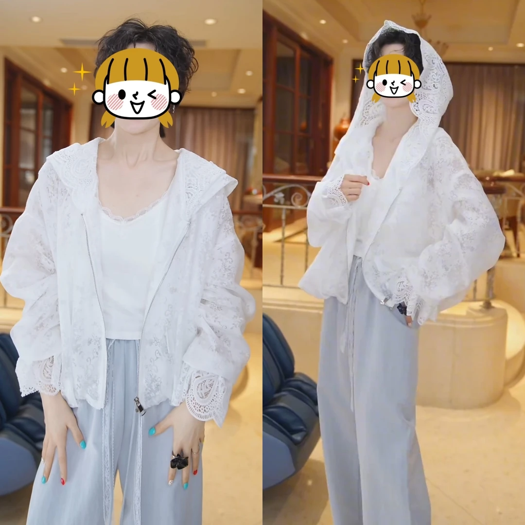 2025年春夏新款时尚宽松显瘦设计感蕾丝连帽拼接拉链防晒服外套女