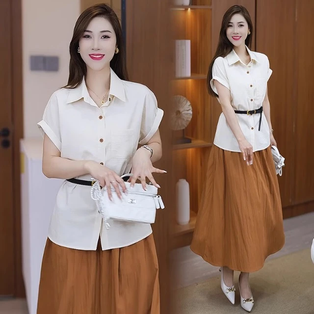 时尚套装裙女2025夏季新款洋气显瘦收腰短袖衬衫半身裙气质两件套
